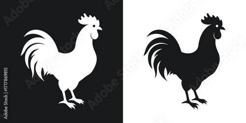 Silhouetted rooster illustration depicting opposite colors on black and white backgrounds, farm animal