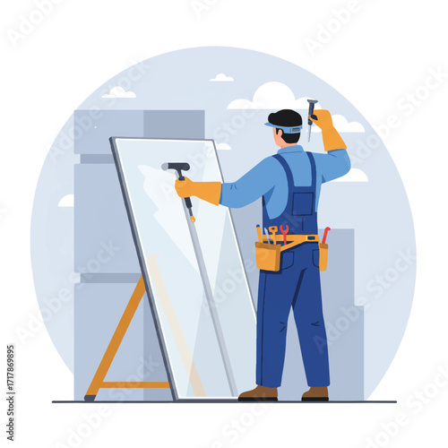 Worker with tools installing glass pane on stand