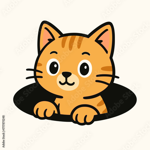Cute orange kitten peeking out of a hole with an adorable expression