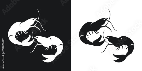 Elegant illustration of two shrimp silhouettes in black and white on contrasting backgrounds