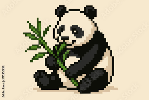 Pixel art of a panda sitting and eating bamboo in a playful manner