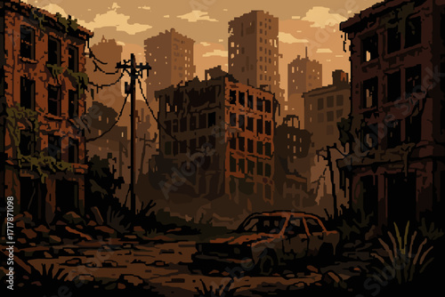 Post-apocalyptic urban landscape with ruined buildings and abandoned car in pixel art style