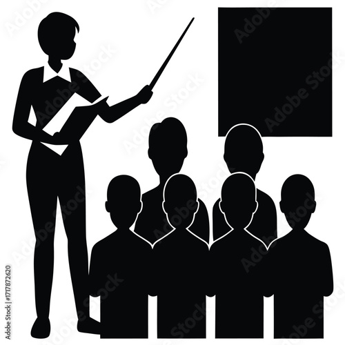 Silhouette of a teacher instructing students in a classroom setting
