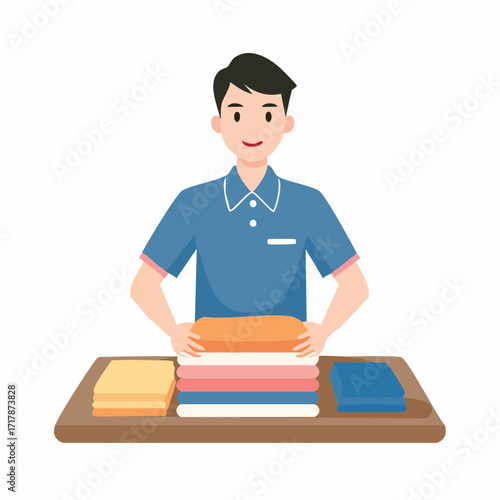 Man Folding Clothes at Home – Flat Vector Illustration