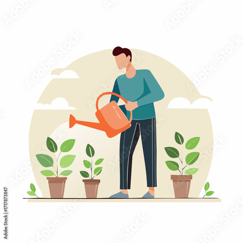 Man Watering Plants in Garden – Flat Vector Illustration