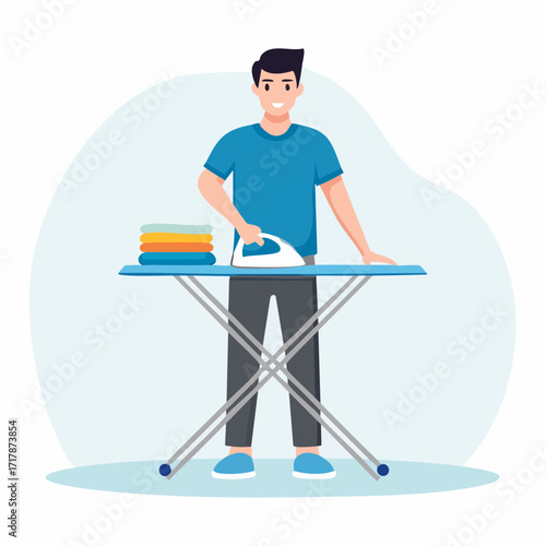 Man Ironing Clothes on Ironing Board – Flat Vector Design