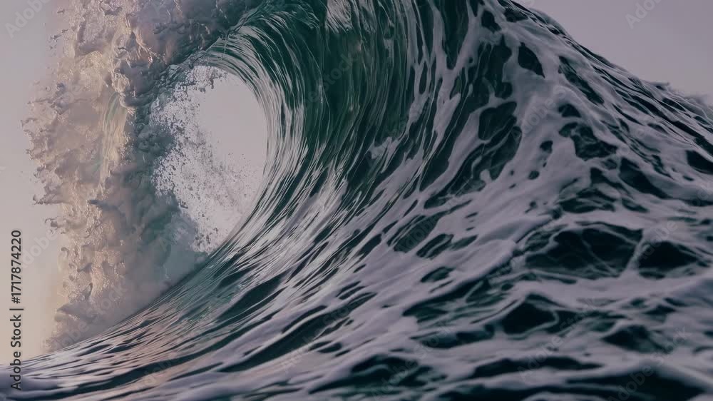 Dynamic video of a powerful ocean wave captured from a low angle ...