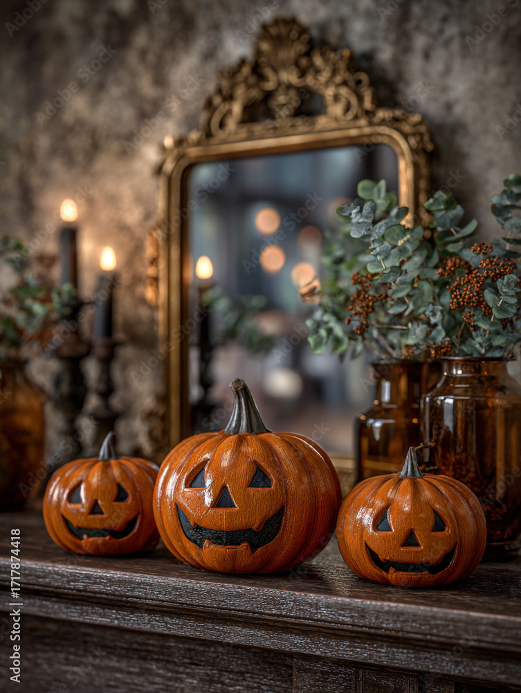 Obraz premium a fireplace mantel decorated with a trio of jack-o’-lanterns