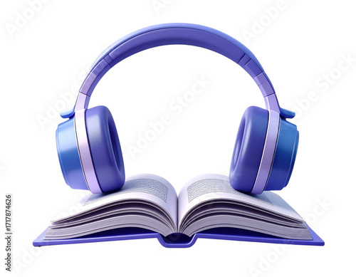  Modern 3D audiobook illustration open book with headphones education and study icon isolated on transparent background PNG