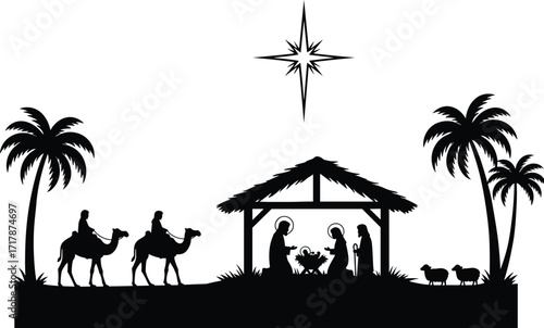 Christmas nativity scene silhouette illustration with holy family, baby Jesus, Mary, Joseph, three wise men, camels, star, palm trees, manger