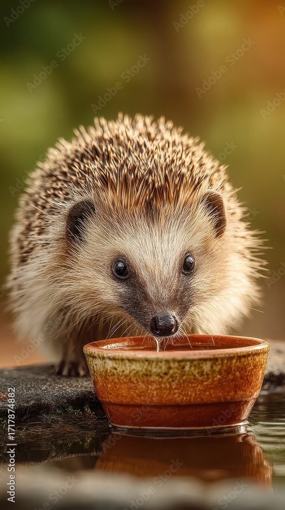 Fototapeta premium Hedgehog drinking from a small bowl near a water source in a natural setting during golden hour