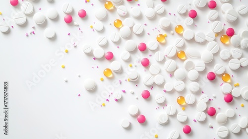 A white surface is scattered with numerous pills in various colors â€“ white, pink, yellow, and orange. The pills are arranged in a loose, organic pattern