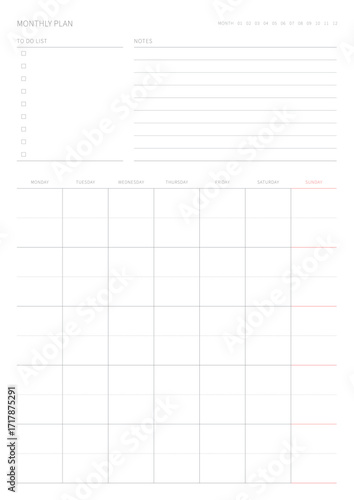 A monthly plan template with a simple and minimal style. Note, scheduler, diary, calendar planner document template illustration.