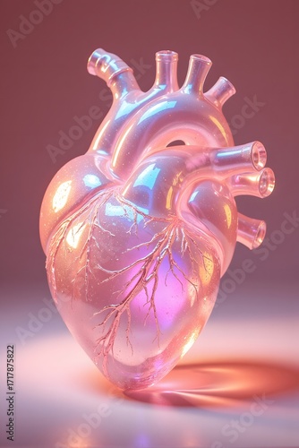 Glass heart model displays an iridescent look against a pink background.