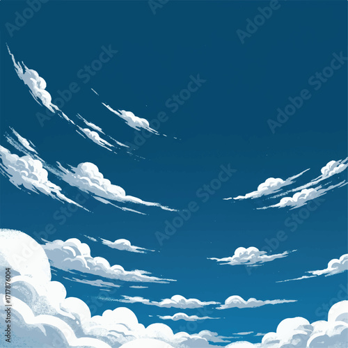 Bright white clouds drift across a vibrant blue sky