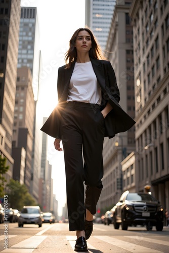 Woman in a suit walks on a city street with tall buildings.