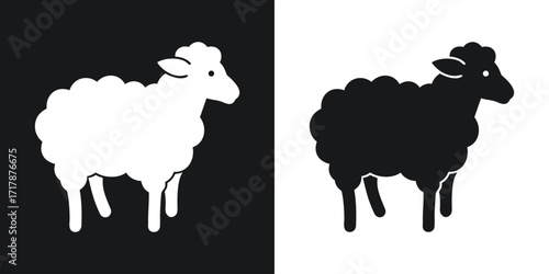 A simple vector illustration of a sheep presented in both black and white color variations.
