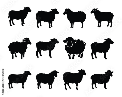 Collection of black silhouette sheep icons featuring various poses and styles on white background