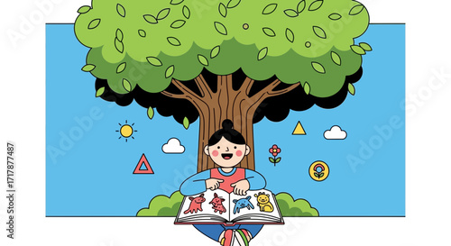 Joyful Child Reading Under Shaded Tree, Colorful Illustration, Nature and Education