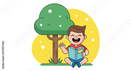 Joyful Child Reading Under a Tree: A Whimsical Illustration of Learning