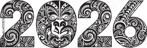 Year 2026 Designed with Intricate Tribal Art and a Stylized Face Motif