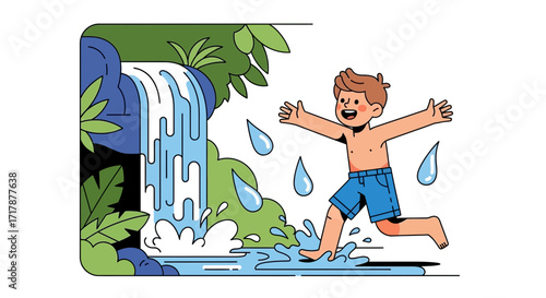 Joyful Child Running To Splashing Waters Near A Waterfall With Lush Tropical Greenery