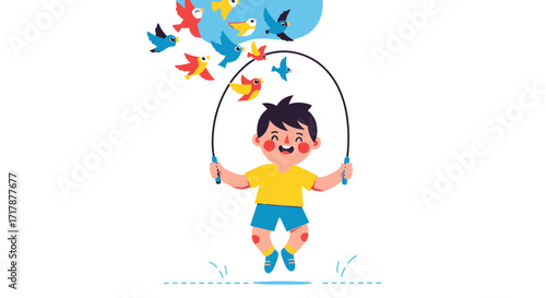 Joyful Child Skipping Rope While Colorful Birds Flit Around Illustrative Cartoon