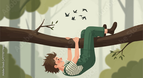 Joyful Child Swinging From A Tree Branch Amidst Flying Birds and Nature's Embrace