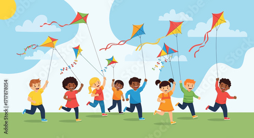 Joyful Childhood: Kids Playing With Kites Under The Big Blue Sky On A Sunny Day