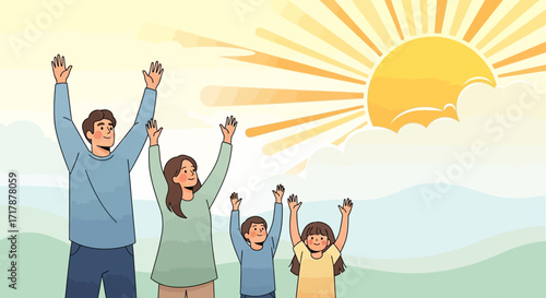 Joyful Family Embracing a Sunny Day Under the Rays of the Sun in a Beautiful Landscape