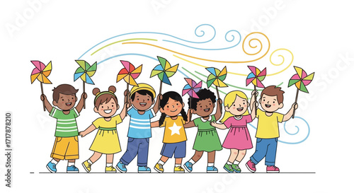 Joyful Children Celebrating With Colorful Pinwheels on a Bright, Sunny Day Together