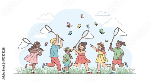 Joyful Children Chasing Butterflies With Nets In A Playful Outdoor Scene.