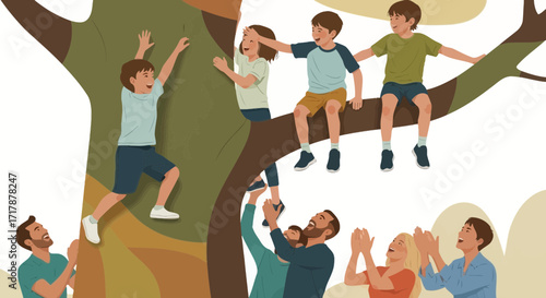 Joyful Children Climbing A Tall Tree Branches With Parental Encouragement And Support