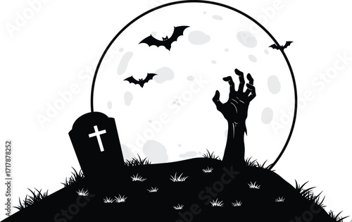 Halloween graveyard spooky illustration with zombie hand rising from ground, full moon background, flying bats, creepy horror night cemetery design