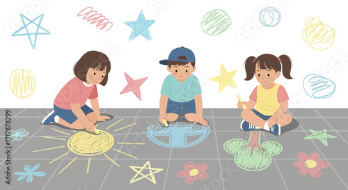 Joyful Children Creating Colorful Chalk Drawings on Pavement During a Sunny Day Together