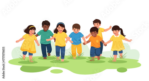 Joyful Children Holding Hands Playing Together in A Lush Green Open Space