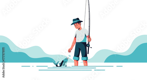 Joyful Fisherman Celebrating A Successful Catch In Picturesque Coastal Waters