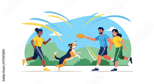 Joyful Friends Playing Frisbee With Happy Canine Companion On A Sunny Day