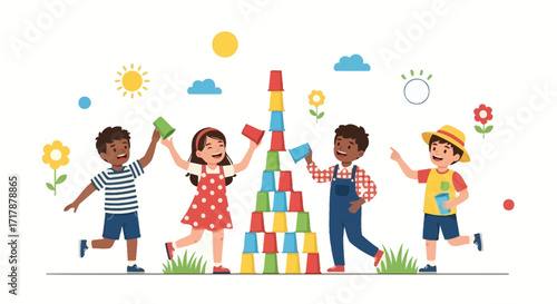Joyful Children Play Outdoors, Building a Colorful Tower with Cups in a Sunny Setting