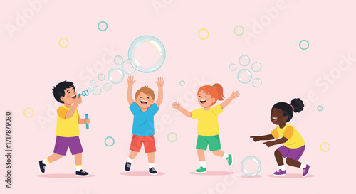 Joyful Children Playing With Bubbles Under A Gentle Pink Sky Full Of Laughter