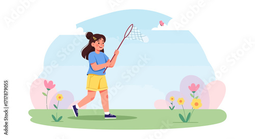 Joyful Girl Chasing Butterfly With Net Across Lush Green Meadow Illustration