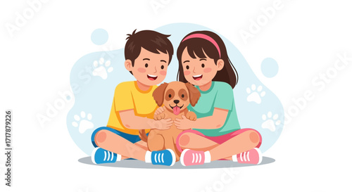 Joyful Children Snuggling A Playful Puppy, Sharing A Moment of Affection And Togetherness