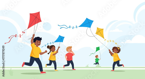 Joyful Children Soaring Kites In A Sunny Sky During Summer Adventures