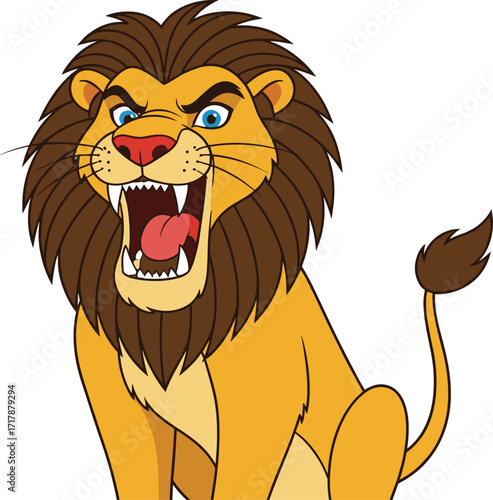 Angry cartoon lion roaring with open mouth, fierce jungle animal illustration, wild predator with mane, isolated on white background