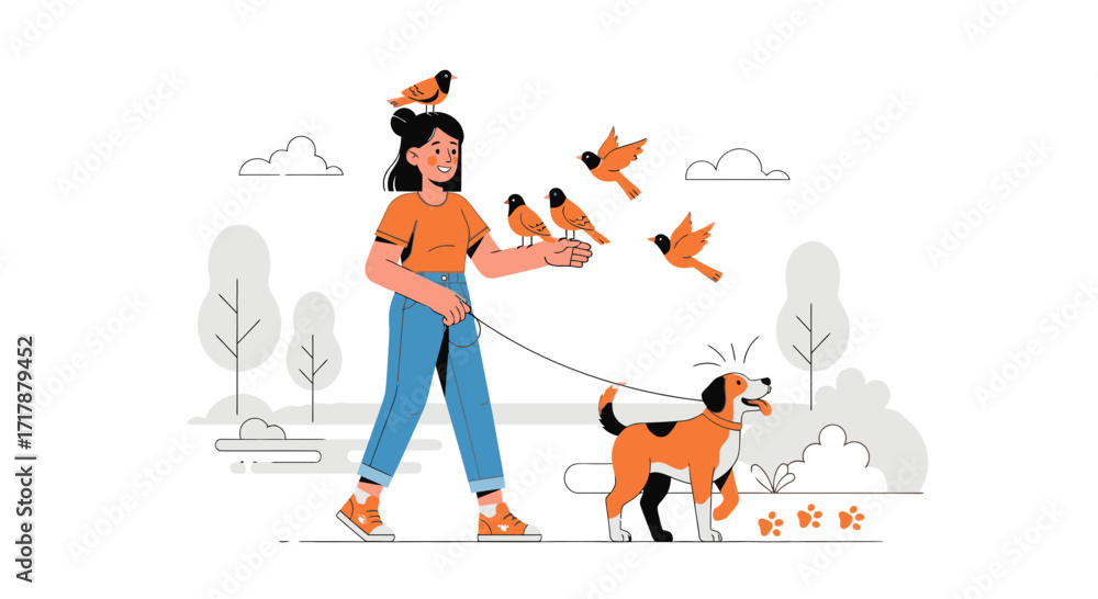 Fototapeta premium Joyful Daydream: A Young Woman's Walk with a Dog amidst Playful Bird Companionship