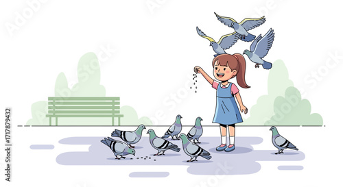 Joyful Girl Shares Food With Pigeons At City Park During Sunshine Day Light Moment
