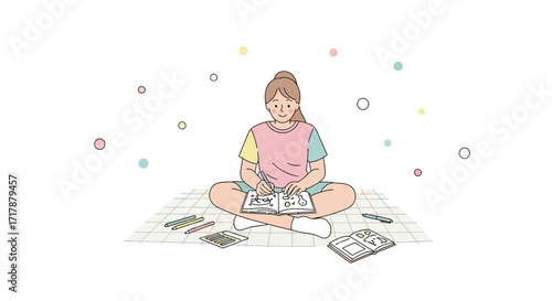 Joyful Drawing Session Depicting A Young Person Engaged In Creative Activities
