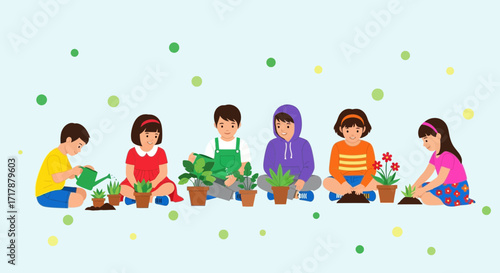 Joyful Group Of Children Engaged In Planting Activities And Gardening Together
