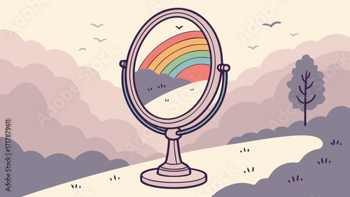 Rainbow reflection landscape art vector illustration nature scene with mirror and sky design drawing 100