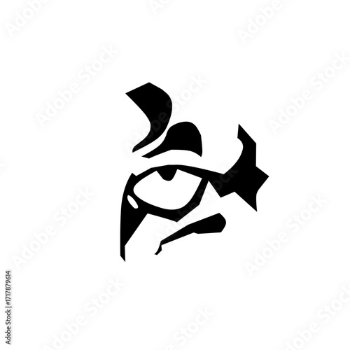 A powerful black silhouette of a stylized eye with sharp, abstract lines and a dark, aggressive expression. Great for logos or bold designs.